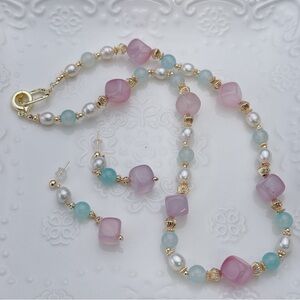 X364  Handmade Freshwater Pearl Aqua Marine Agate Necklace Earrings Set